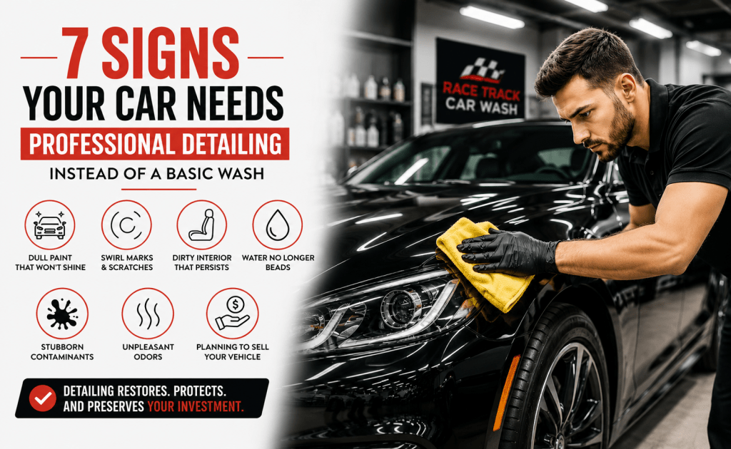 Professional car detailing technician polishing a vehicle after deep cleaning to restore shine and protect the paint at Race Track Car Wash