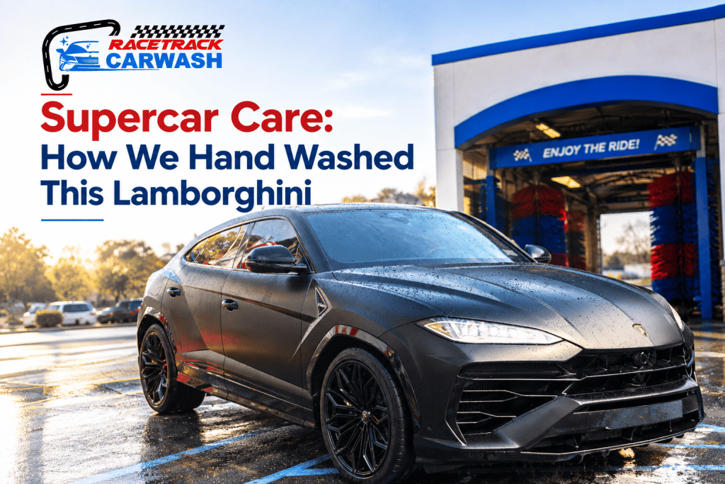 Lamborghini hand wash at Racetrack Car Wash in Manhasset NY