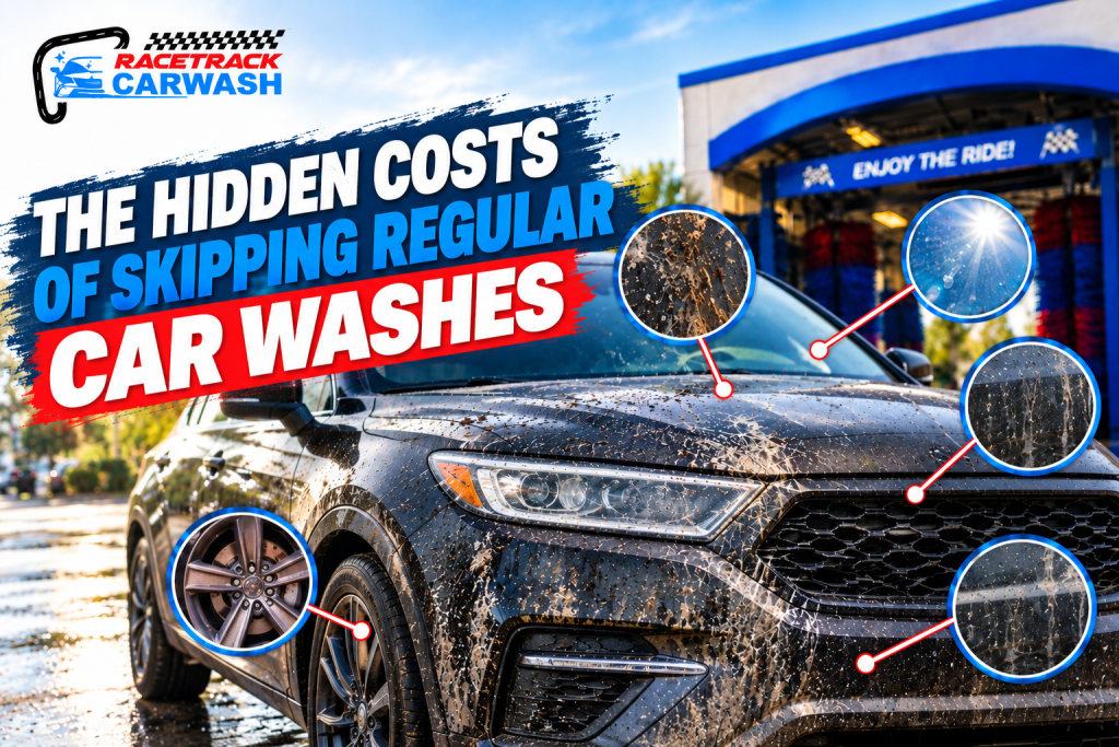Hidden costs of skipping regular car washes, showing dirt buildup on a car's exterior and the importance of regular vehicle cleaning
